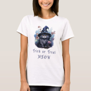 Meow Black Cat Witch Hatハロウィーンのトリックまたは治療 Tシャツ