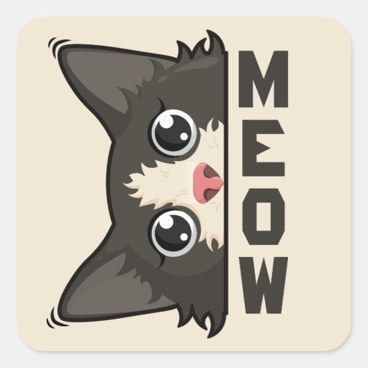 Meow Funny Tuxedo Cat is watching Pun  スクエアシール (正面)