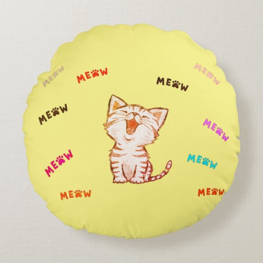 Meow Kitten Print Round Pillow ラウンドクッション (正面)