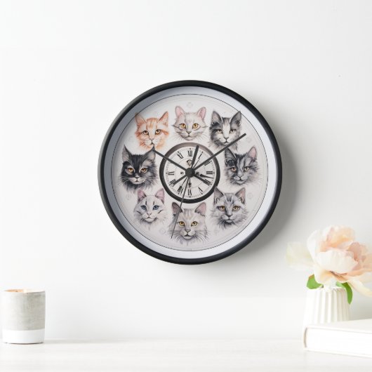 Meow Time Wall Clock:かわいい猫顔デザイン 壁時計 (ホーム)