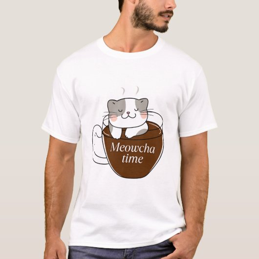 Meowcha Time Cat in Coffee Cupデザイン Tシャツ (正面)