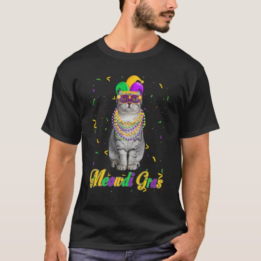 Meowdi Grasかわいいスコティッシュフォールド猫Mardi Gras Carn Tシャツ (正面)
