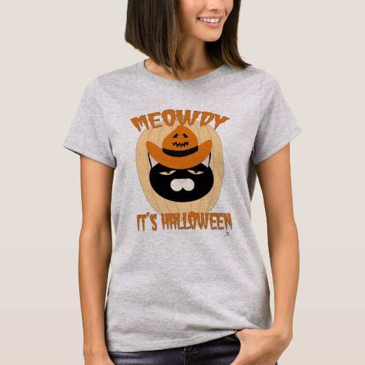 Meowdyハロウィーン猫おもしろい漫画 Tシャツ (正面)