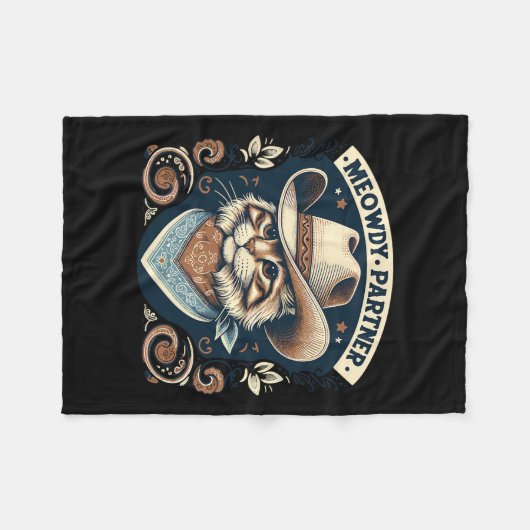 Meowdyパートナー猫カウボーイハットハウディおもしろいカントリー フリースブランケット (正面(横))