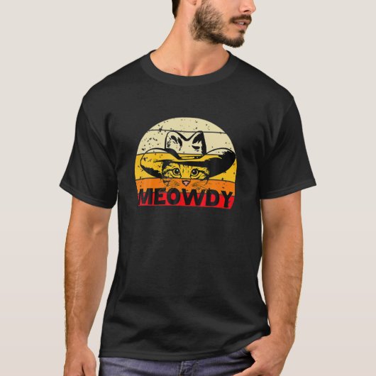 Meowdy-おもしろい Mashup-Between-MeowとHowdy - Cat M Tシャツ (正面)