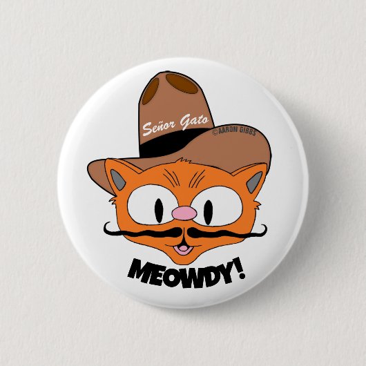 MEOWDY! カートゥーン 口髭 カウボーイ 猫 ボタン 缶バッジ (正面)