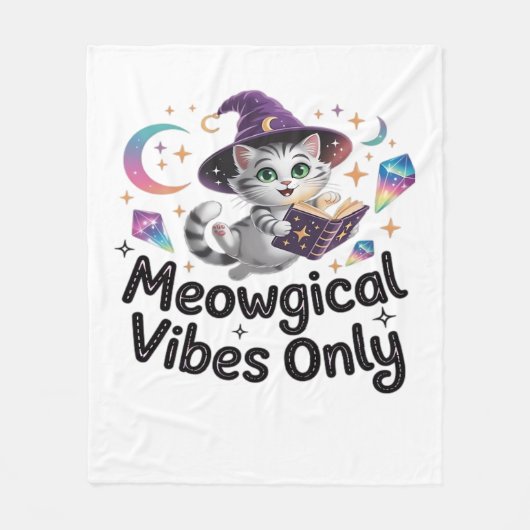 Meowgical Vibesのみ、浮動かわいいウィッチキャットオヴ フリースブランケット (正面)