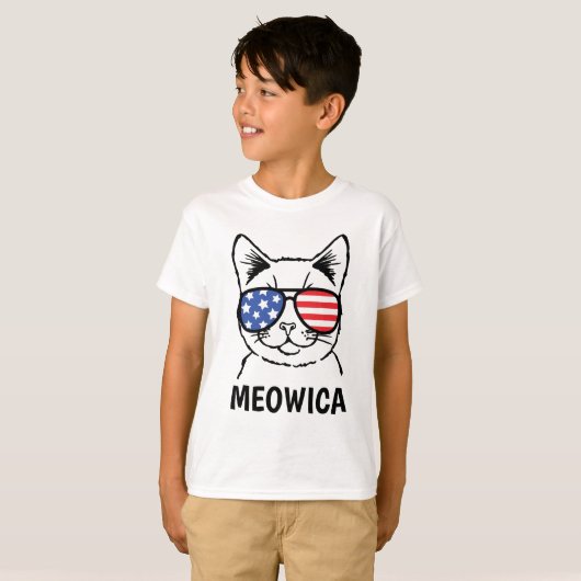 Meowicaはワイシャツ、愛国心が強いおもしろいな猫7月4日をからかいます Tシャツ (正面フル)