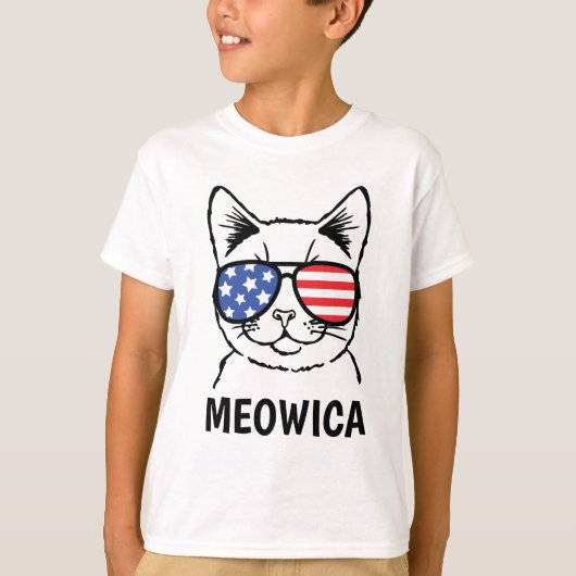 Meowicaはワイシャツ、愛国心が強いおもしろいな猫7月4日をからかいます Tシャツ (正面)