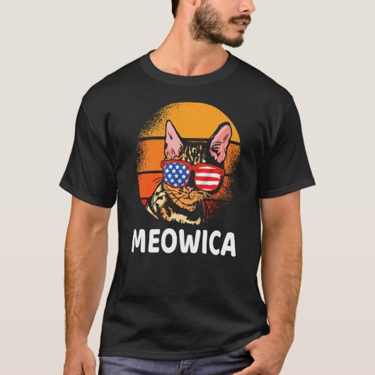Meowicaヴィンテージキャットメリカ米国国旗のレトロキャット4th O Tシャツ (正面)