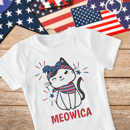 「Meowica」キャットレッド、ホワイト、ブルー Tシャツ