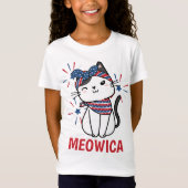 「Meowica」キャットレッド、ホワイト、ブルー Tシャツ (正面)