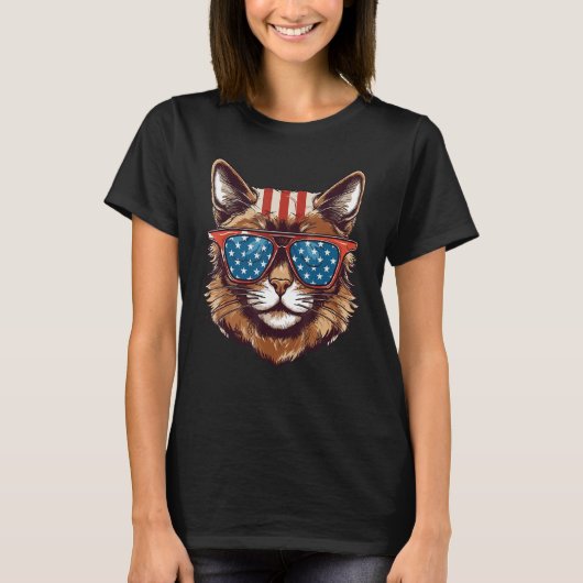 Meowica American Flag Sunglasses Patriotic Cat 4th Tシャツ (正面)