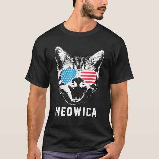 Meowica Cat Animals Sunglasses American Flag 4th O Tシャツ (正面)