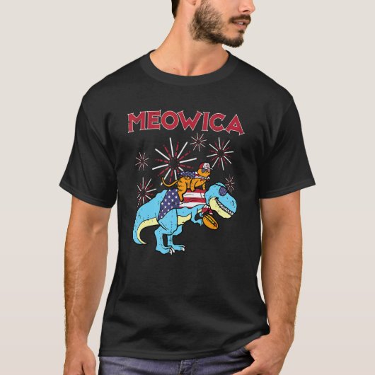 Meowica Cat On Trex Hot dog 7月Dinの米国国旗4 Tシャツ (正面)