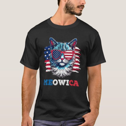 Meowica Cat Sunglasses American Flag USA Cat 4th o Tシャツ (正面)