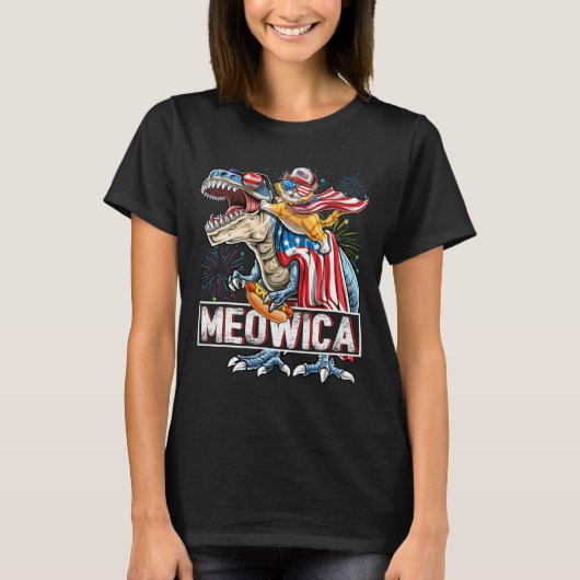 Meowica Cat Tレックス恐竜7月Flの4th Tシャツ (正面)