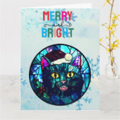 Meowing Stained-Glass Christmas Black Cat カード (黄色い花)
