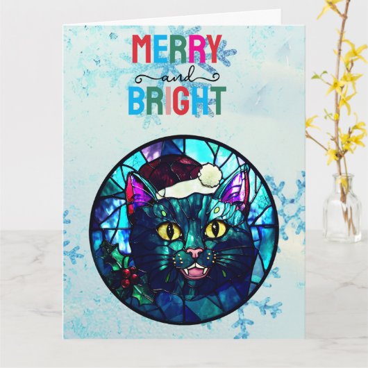 Meowing Stained-Glass Christmas Black Cat カード (黄色い花)