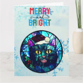 Meowing Stained-Glass Christmas Black Cat カード (正面)