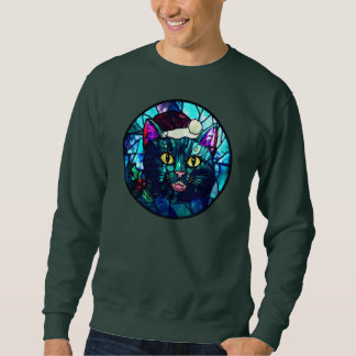 Meowing Stained-Glass Christmas Black Cat スウェットシャツ
