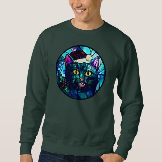 Meowing Stained-Glass Christmas Black Cat スウェットシャツ (正面)