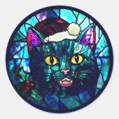Meowing Stained-Glass Christmas Black Cat ラウンドシール (正面)