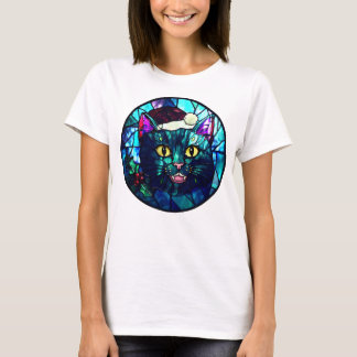Meowing Stained-Glass Christmas Black Cat Tシャツ