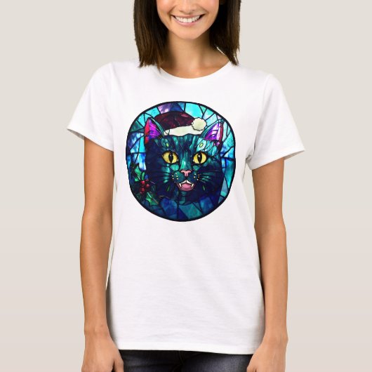 Meowing Stained-Glass Christmas Black Cat Tシャツ (正面)