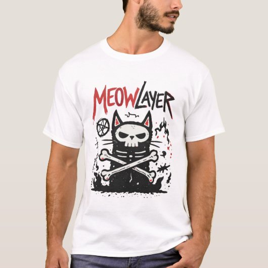 Meowlayer Cat Metal Doodle Illustration Tシャツ (正面)