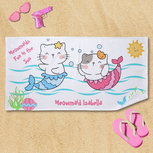 Meowmaids Mermaid Cats in the Sun Mercatsおもしろい ビーチタオル