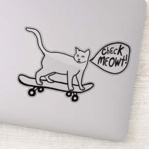 MEOWTを点検して下さい! かわいいスケートボードをする猫の白黒 シール