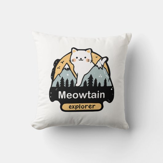 Meowtain Explorer – かわいい猫の冒険デザイン クッション (正面)