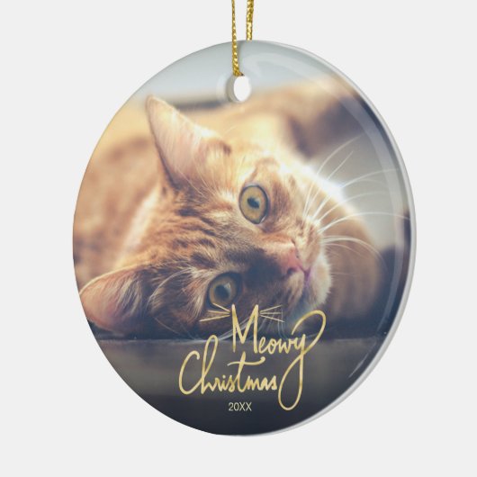 Meowyのクリスマスのおもしろいな猫のテーマの写真 セラミックオーナメント (左)