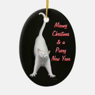 Meowyのクリスマスの白い猫のカスタマイズ可能なオーナメント セラミックオーナメント