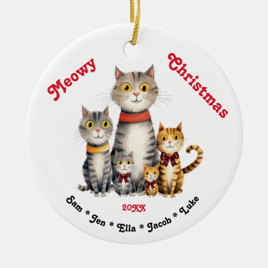 Meowyクリスマスウォーターカラーキャットファミリーカスタマイズ可能 セラミックオーナメント (正面)