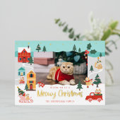 Meowy おもしろい Cat Christmas Snowy Winter Scene写真 箔シーズンカード (立ち正面)