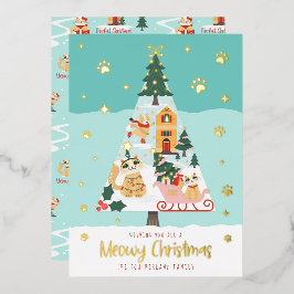 Meowy おもしろい Catsクリスマスツリー雪の冬のシーン 箔シーズンカード