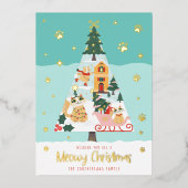 Meowy おもしろい Catsクリスマスツリー雪の冬のシーン 箔シーズンカード (正面)