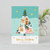 Meowy おもしろい Catsクリスマスツリー雪の冬のシーン 箔シーズンカード (立ち正面)