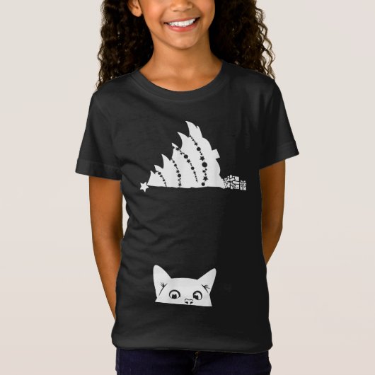 Meowy Catのクリスマスツリーを飾る赤いクリスマス猫 Tシャツ (正面)