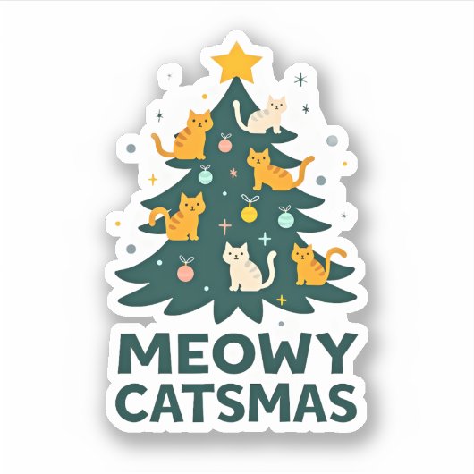 Meowy Catmas Cat Christmas Tree Xmas Funny Santa C シール (正面)
