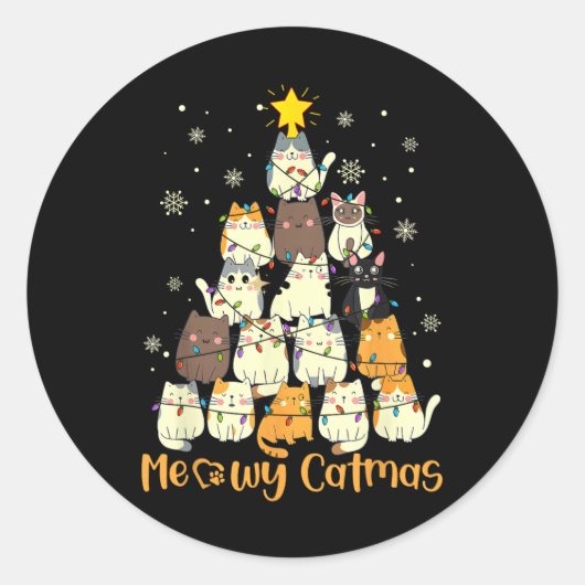 Meowy Catmas Cat Christmas Tree Xmas Girls Boys Fu ラウンドシール (正面)