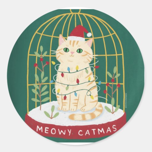 Meowy Catmas Ginger Cat in Cage Snow Globe ラウンドシール (正面)
