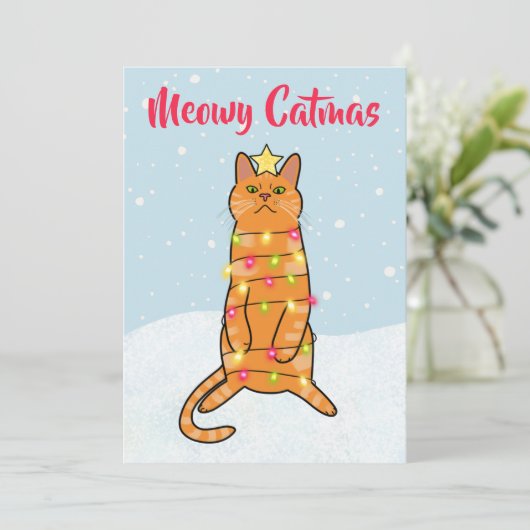 Meowy catmas pun cat おもしろい Christmas lights flat シーズンカード (スタンド正面)