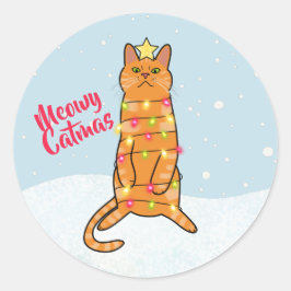 Meowy catmas pun cat おもしろい Christmas lights flat ラウンドシール