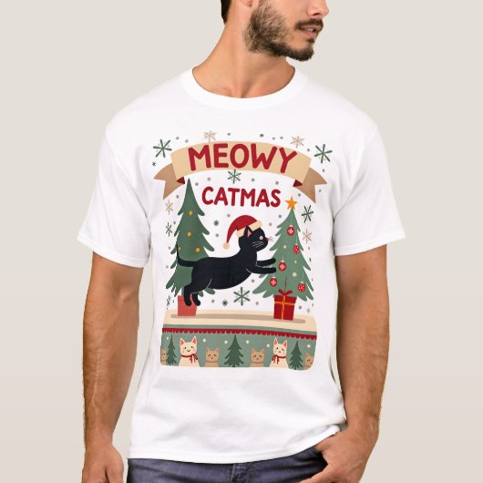 Meowy Catmas, Ugly Christmas Sweater, Cat Christma Tシャツ (正面)
