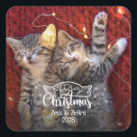 Meowy Christmasおもしろい猫写真ペット好き スクエアシール<br><div class="desc">どんな猫好きにも最適なステッカーで、可愛らしい猫の耳と雪が飾られたおもしろい「ミュー飾クリスマス」のキャプションが付いた可愛い。猫のカスタマイズ写真と猫の名前と今年の名前を簡単に付けお気に入りのて、このラベル。</div>