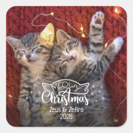 Meowy Christmasおもしろい猫写真ペット好き スクエアシール