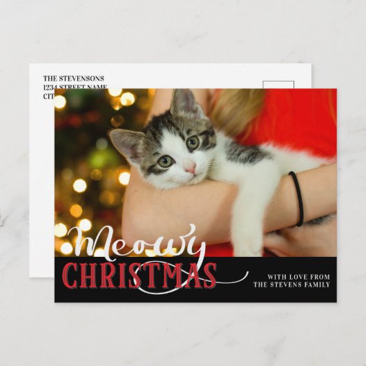Meowy Christmasかわいい猫あなたの写真をカスタム追加 シーズンポストカード (正面/裏面)